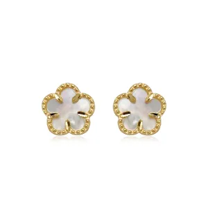 14k Gold Mother of Pearl Flower Stud Earrings with Beaded Border