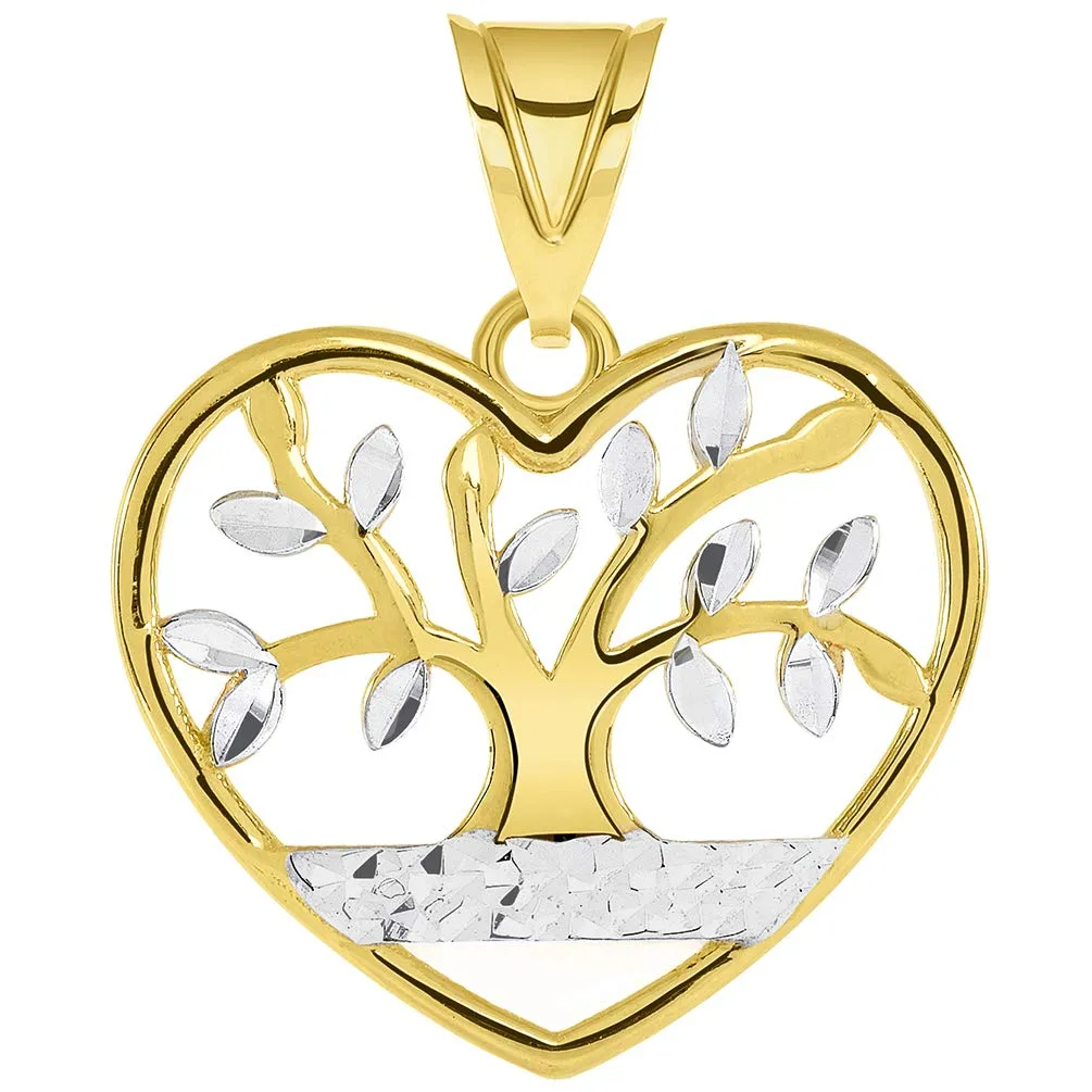 14k Gold Textured Heart Shaped Two Tone Tree of Life Pendant Necklace - Yellow Gold