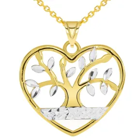 14k Gold Textured Heart Shaped Two Tone Tree of Life Pendant Necklace - Yellow Gold