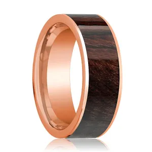 14k Rose Gold Flat Men's Wedding Band with Bubinga Wood Inlay - 8MM