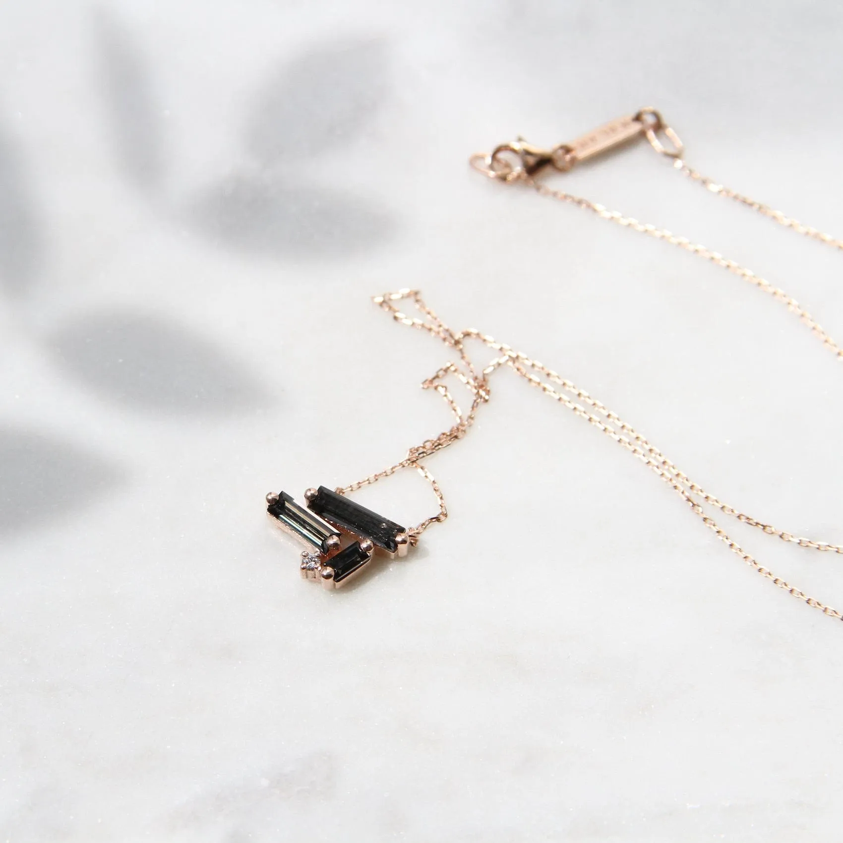 14k Rose Gold Scattered Black Night Quartz Baguettes Necklace