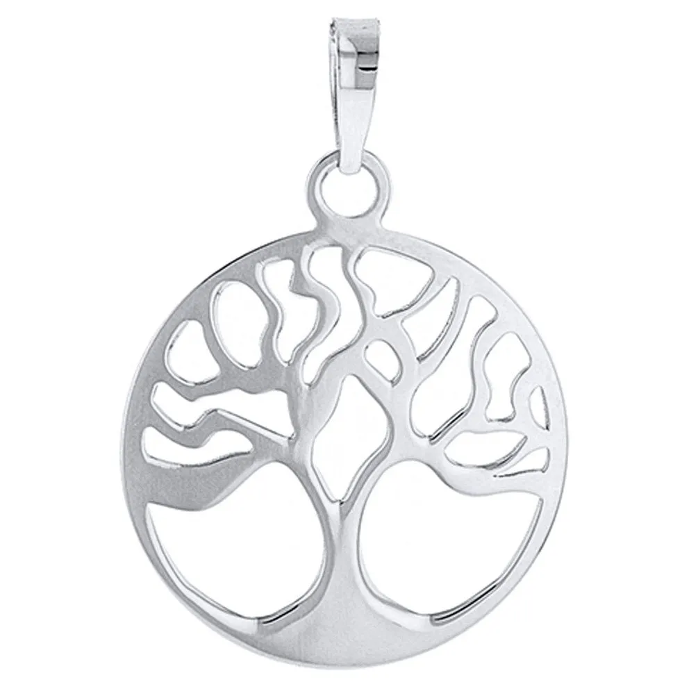 14k Solid White Gold Tree of Life Disk Chain Pendant Necklace