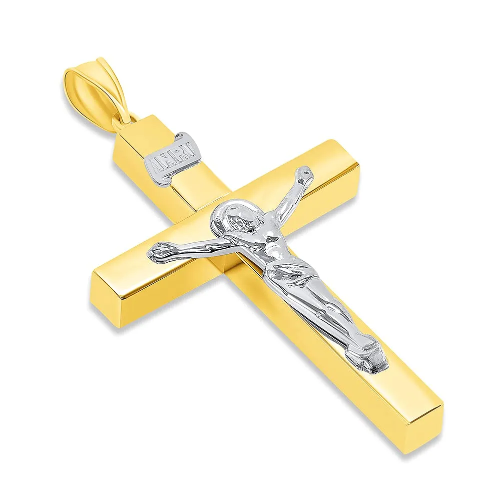 14k Two-Tone Gold 4mm Thick INRI Tubular Cross Roman Catholic Crucifix Pendant Necklace