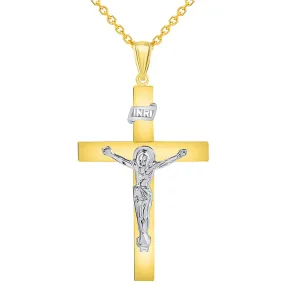 14k Two-Tone Gold 4mm Thick INRI Tubular Cross Roman Catholic Crucifix Pendant Necklace