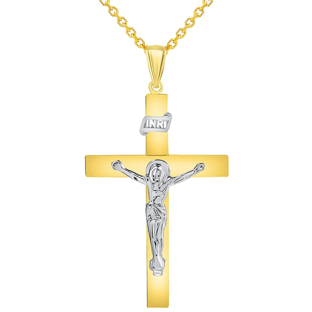 14k Two-Tone Gold 4mm Thick INRI Tubular Cross Roman Catholic Crucifix Pendant Necklace