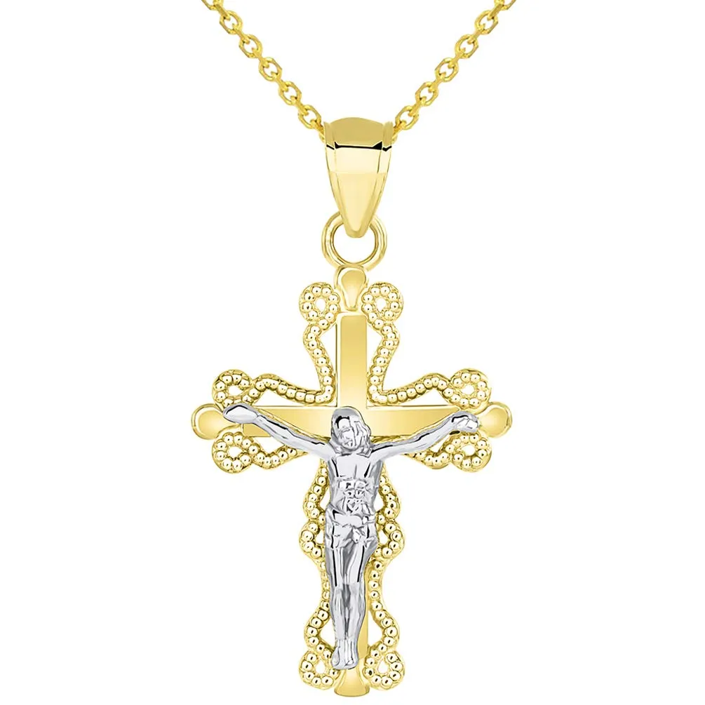 14k Two Tone Gold Milgrain-Edged Religious Cross Small Crucifix Pendant Necklace