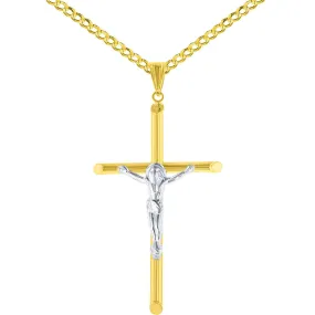 14K Two-Tone Gold Slender Crucifix Charm Cross with Jesus Christ Pendant Necklace