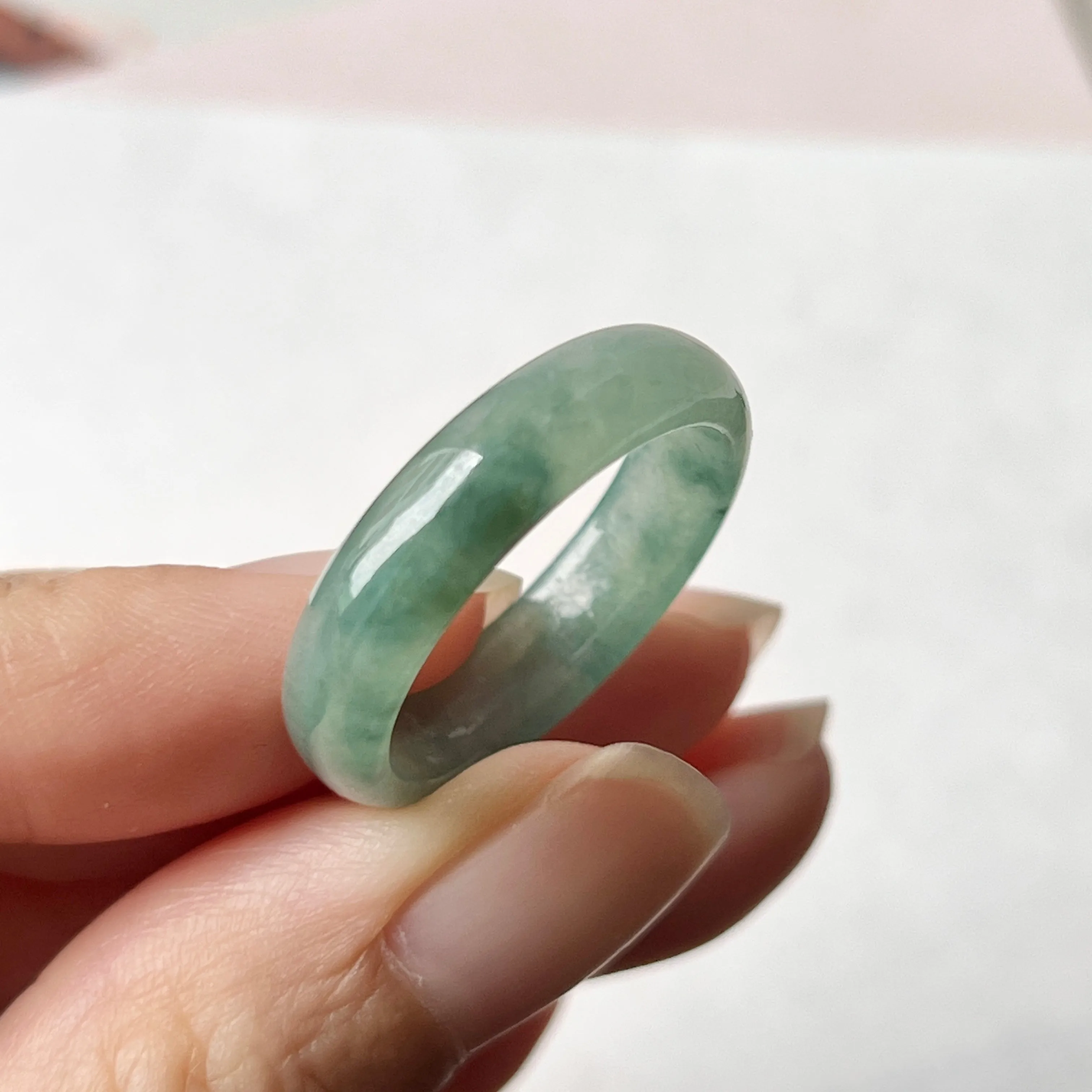 20.3mm A-Grade Natural Bluish Green Jadeite Abacus Ring Band No.220687