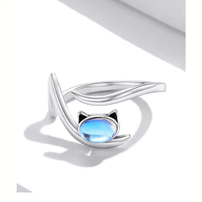 925 Sterling Silver Moonstone Animal Pattern Open Ring for Women