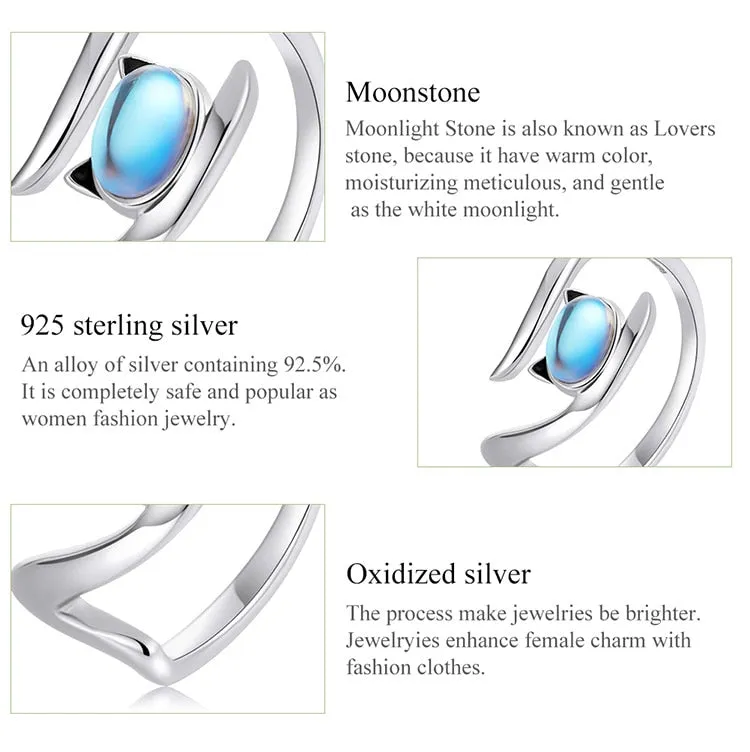 925 Sterling Silver Moonstone Animal Pattern Open Ring for Women