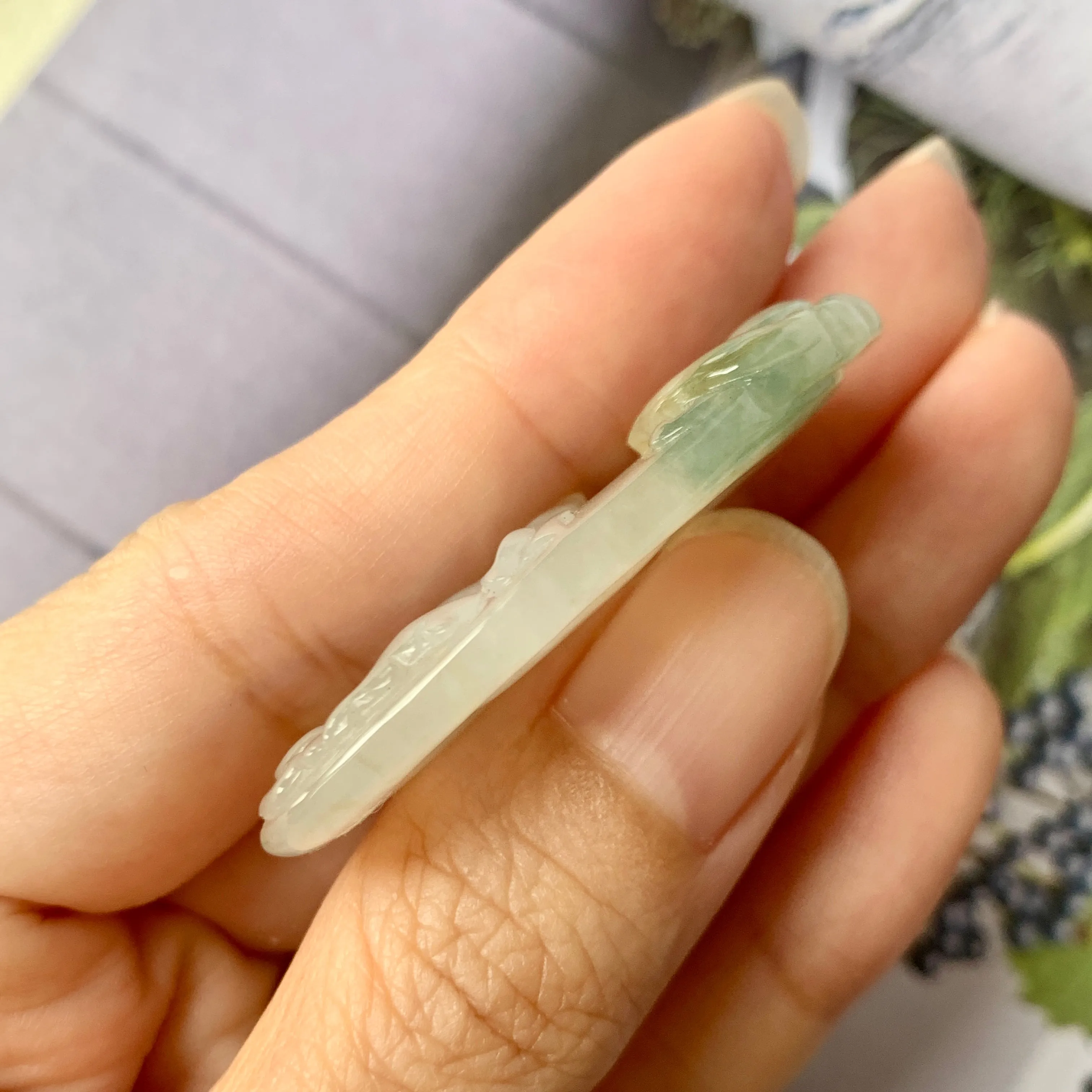 A-Grade Natural Floral Jadeite Pendant with Carvings (Rabbit and Ruyi) No.170807