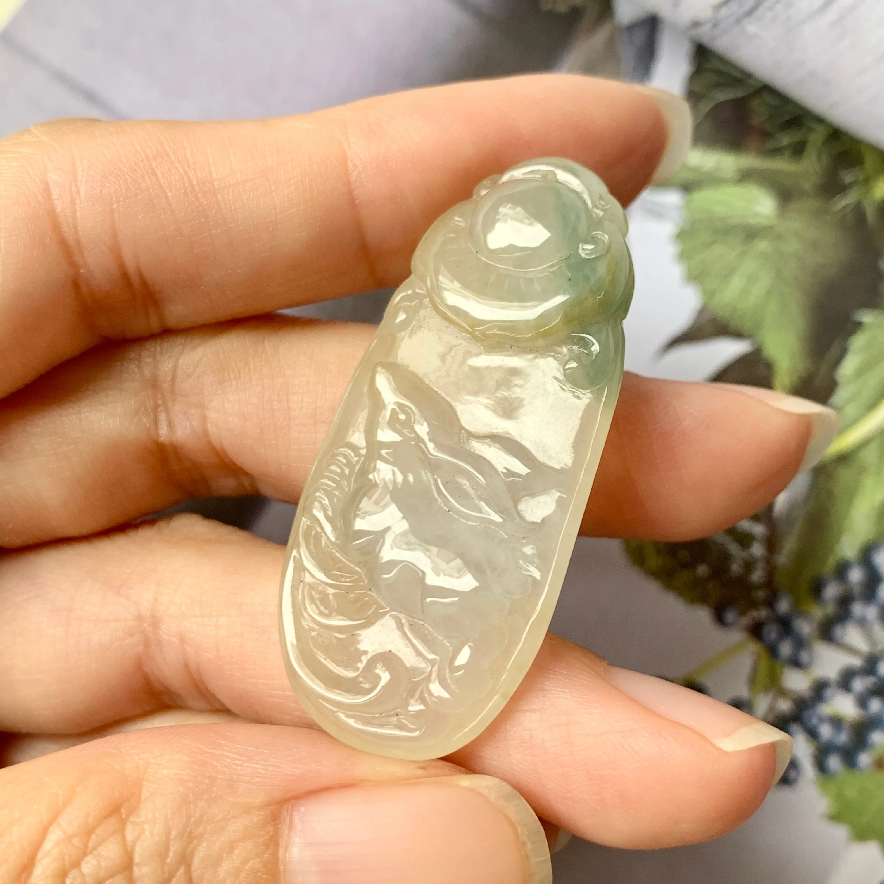 A-Grade Natural Floral Jadeite Pendant with Carvings (Rabbit and Ruyi) No.170807