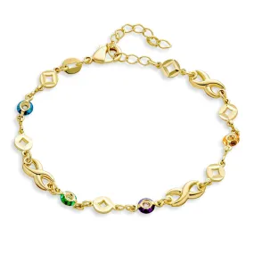 Alternating Jewel Tone Love Infinity Bracelet 18K Gold Plated 7.5 Inch