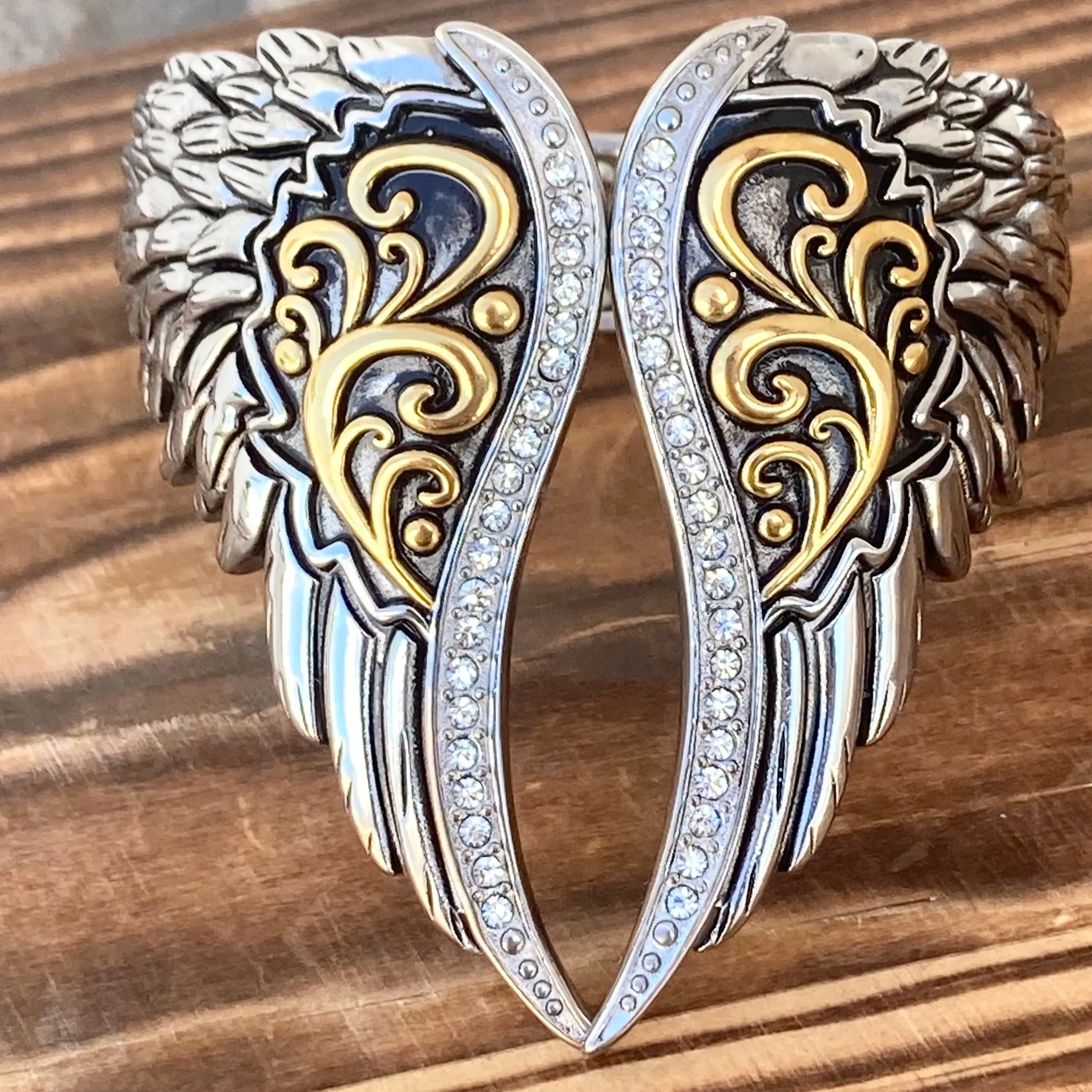 Angel Heart Wing - Silver & Gold - Double Wing - Crystal Stone - AW03