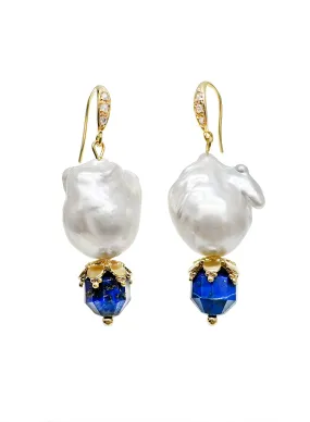 Baroque Pearls with Faceted Lapis Dangle Earrings JE020