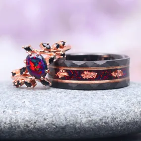 Black Fire Opal & Onyx Leaf Couples Ring- Rose Gold/ Black Tungsten