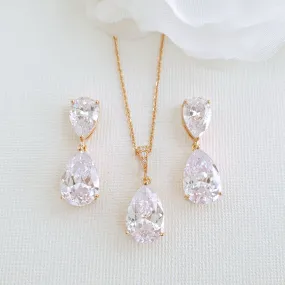 Clear Cubic Zirconia Earrings and Necklace Set in Rose Gold-Clara