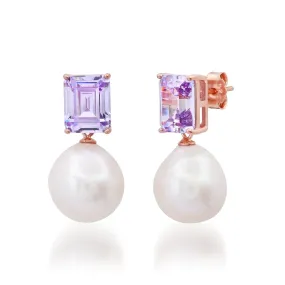 Emerald Cut Glass and Pearl Drop Earrings