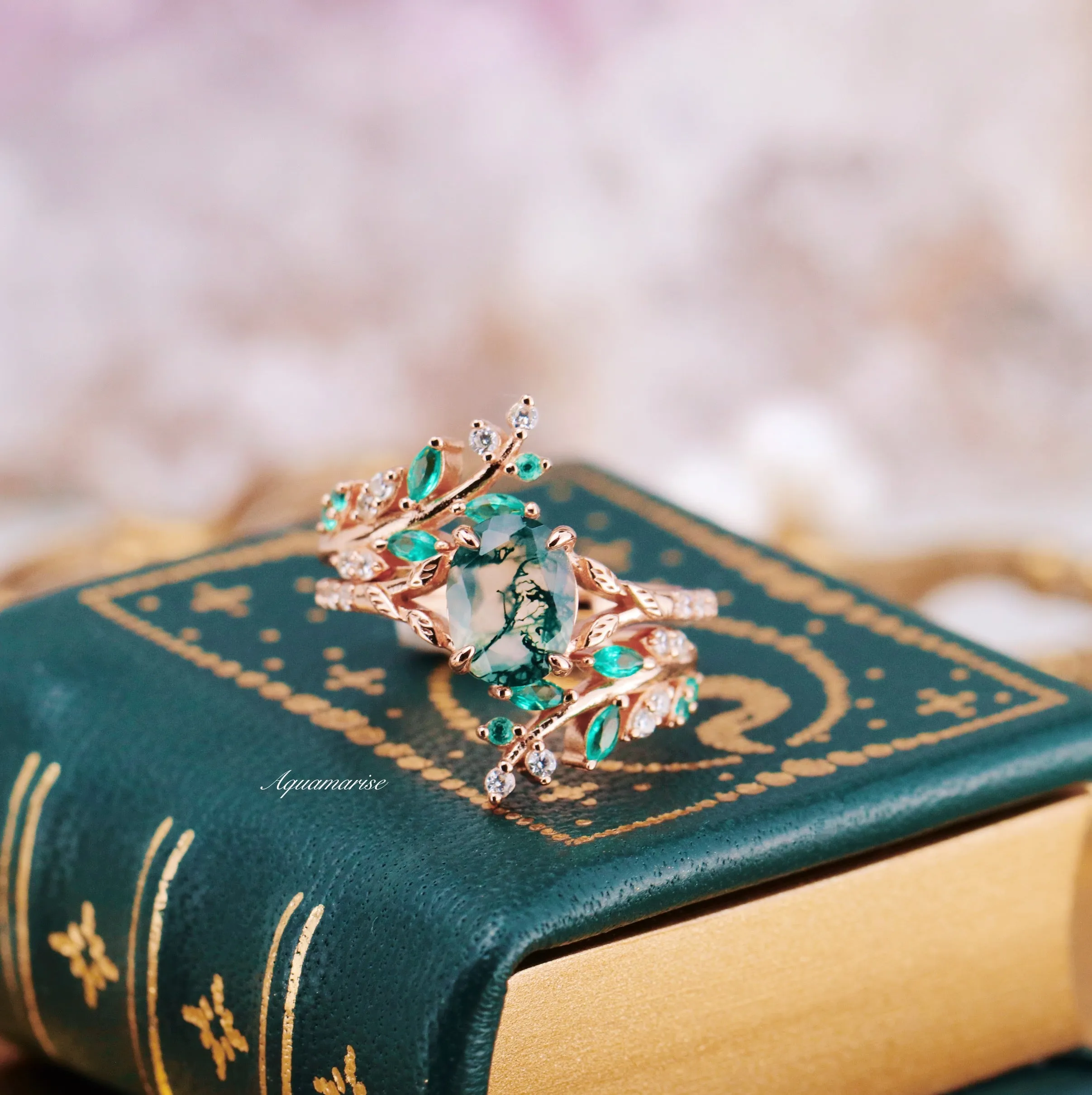 Fairy Leaf Ring with Moss Agate and Emerald in 14K Rose Gold Vermeil