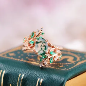 Fairy Leaf Ring with Moss Agate and Emerald in 14K Rose Gold Vermeil