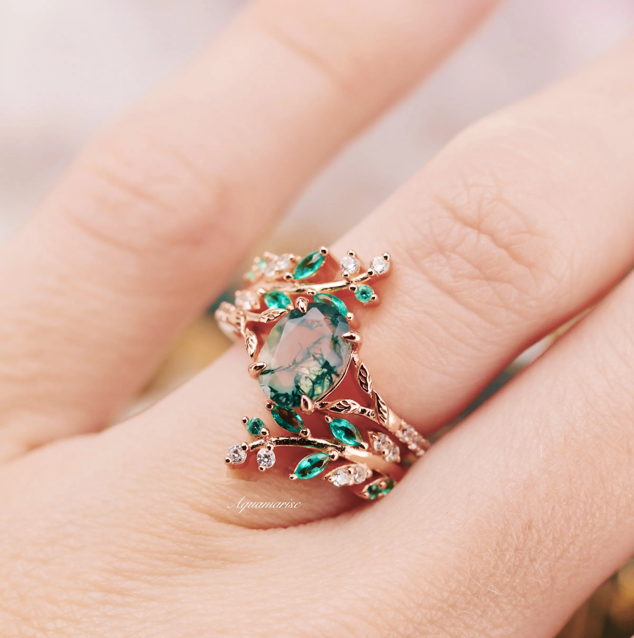 Fairy Leaf Ring with Moss Agate and Emerald in 14K Rose Gold Vermeil