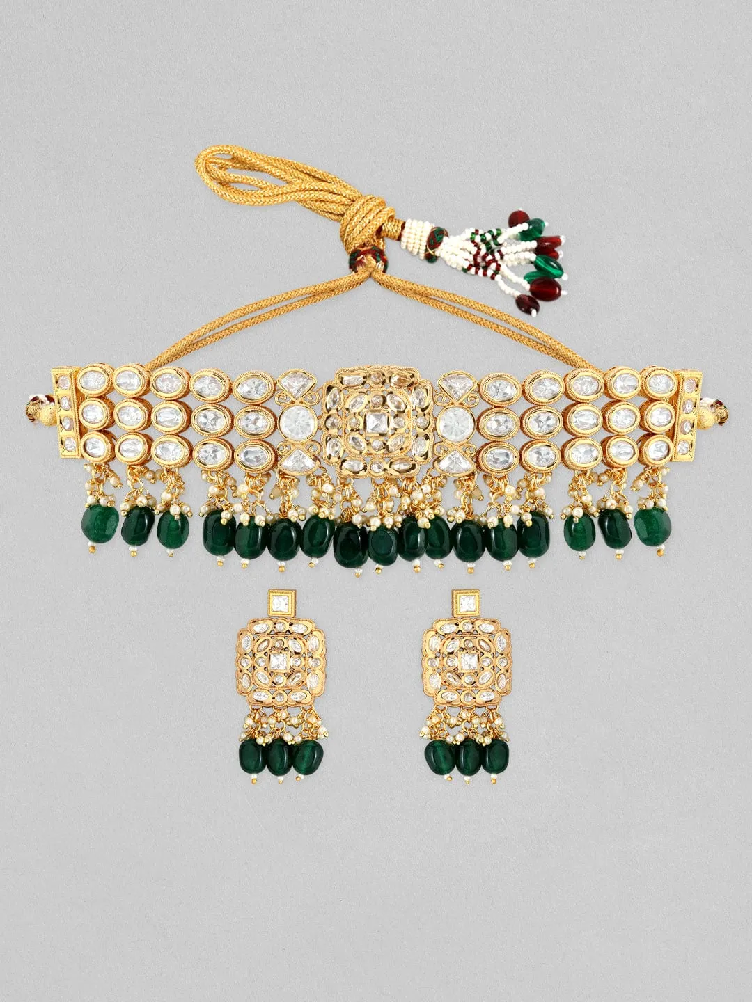 Rubans 22K Gold Plated Kundan Polki Necklace Set With Green Beads Design