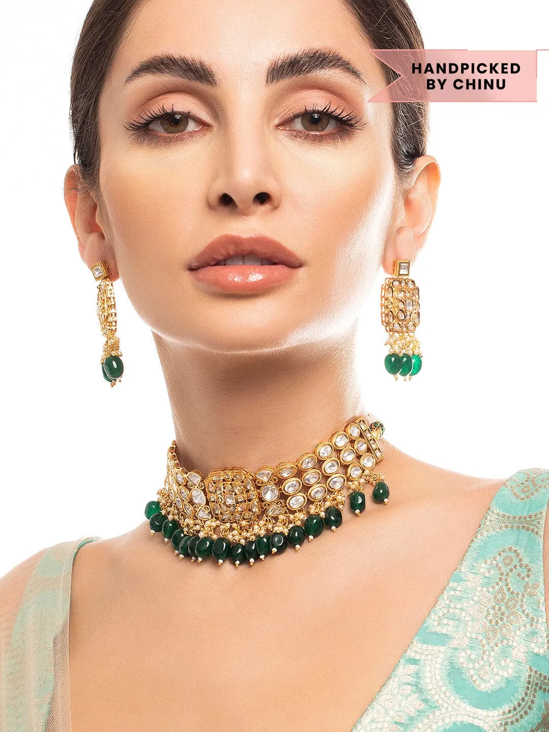 Rubans 22K Gold Plated Kundan Polki Necklace Set With Green Beads Design