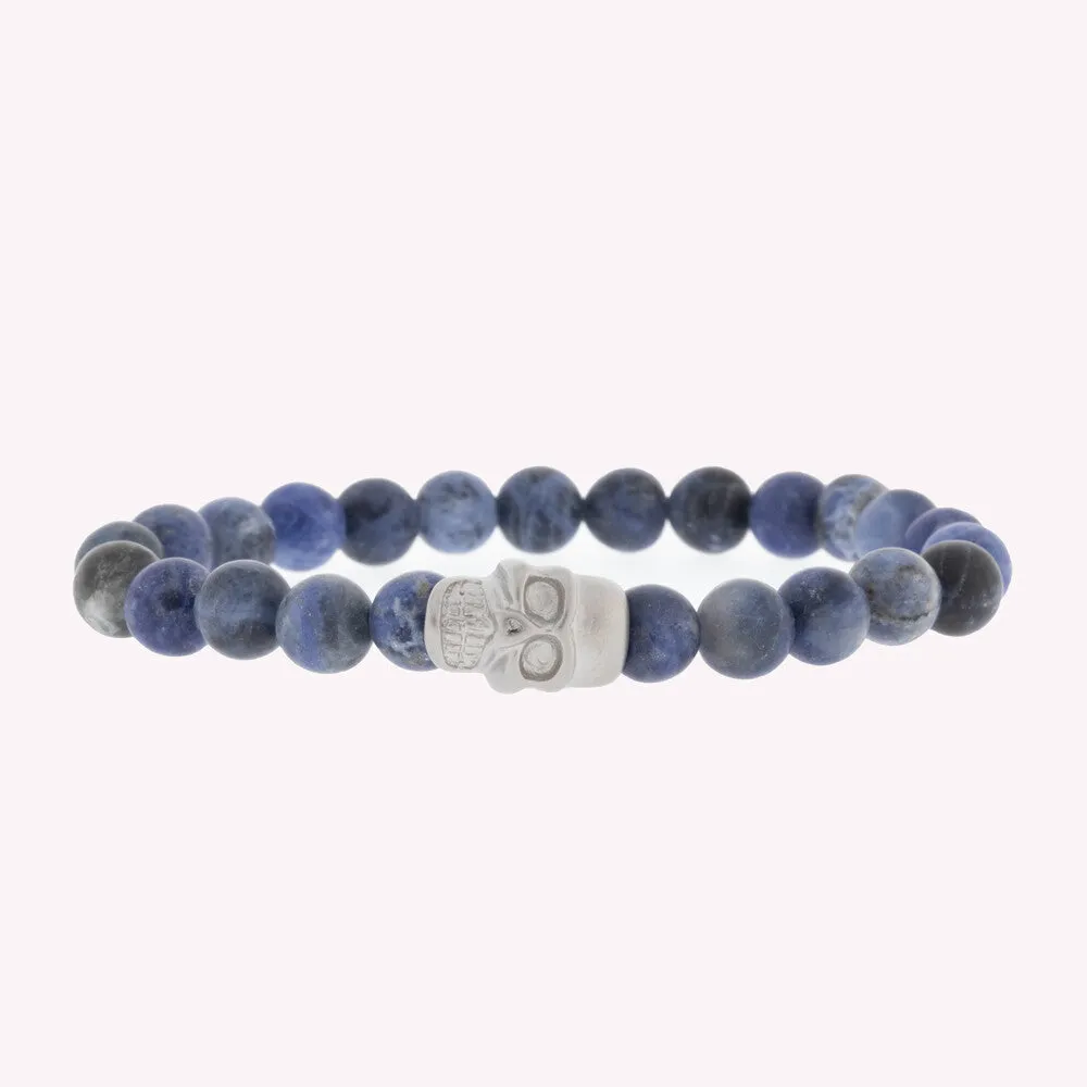 Skull 8mm Round Gemstone Bracelet Matt Blue