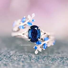 Starry Night & Sapphire Leaf Engagement Ring Set- Sterling Silver