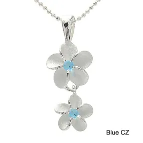 Sterling Silver 10-8mm Plumeria with Blue CZ Sandblast Finish Pendant (Chain Sold Separately)